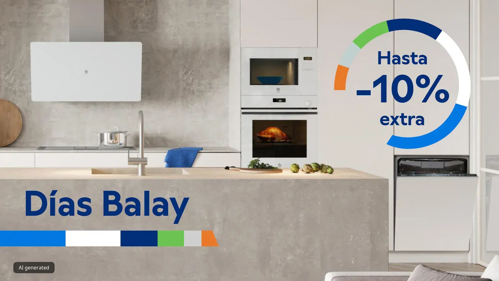 Anuncio de 'Días Balay' con una cocina moderna y una oferta de hasta el 10% de descuento extra.