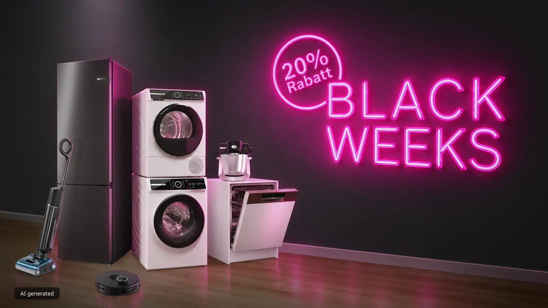 Dunkler Raum mit Hausgeräten von Bosch und dem Hinweis auf die aktuelle Black Weeks Aktion mit 20 % Rabatt im Bosch Online Shop