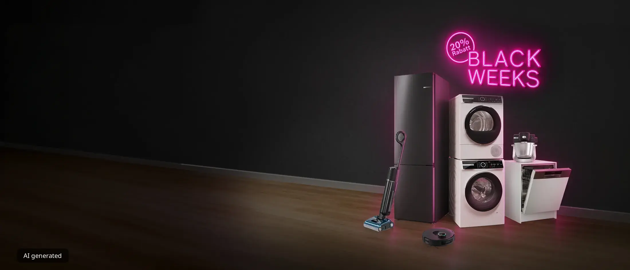 „Black Weeks“-Verkaufspräsentation mit pinkfarbenem Neonschild, Waschmaschine, Trockner, Staubsauger und Wischroboter in einem modernen Raum.