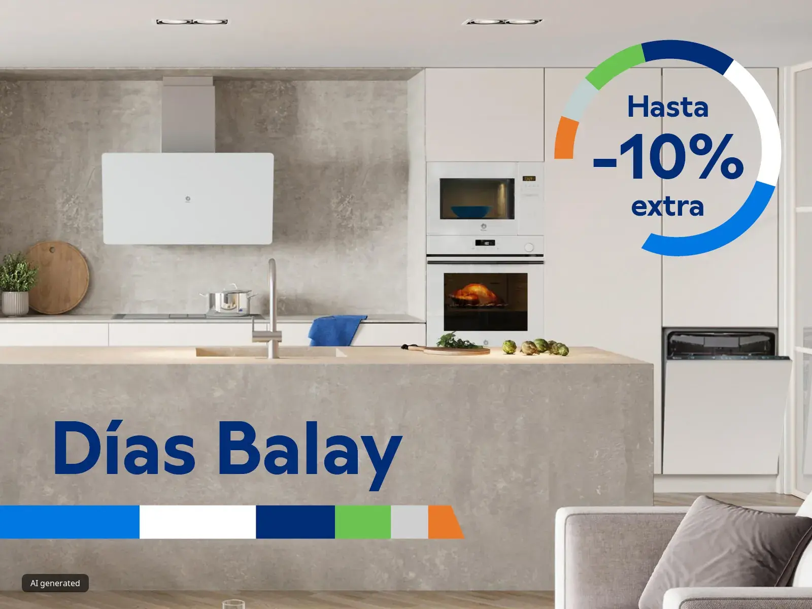 Anuncio de 'Días Balay' con una cocina moderna y una oferta de hasta el 10% de descuento extra.