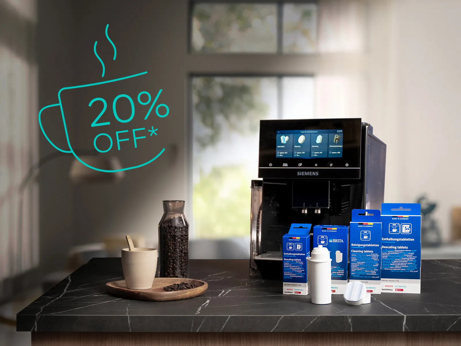 Siemens coffee machine with coffee care products on the counter.