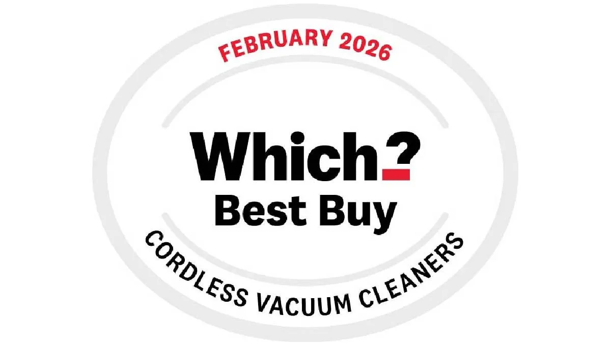 Circular badge with "February 2026" at the top, bold "Which? Best Buy" in the center (red question-mark accent), and "Cordless Vacuum Cleaners" curved along the bottom.