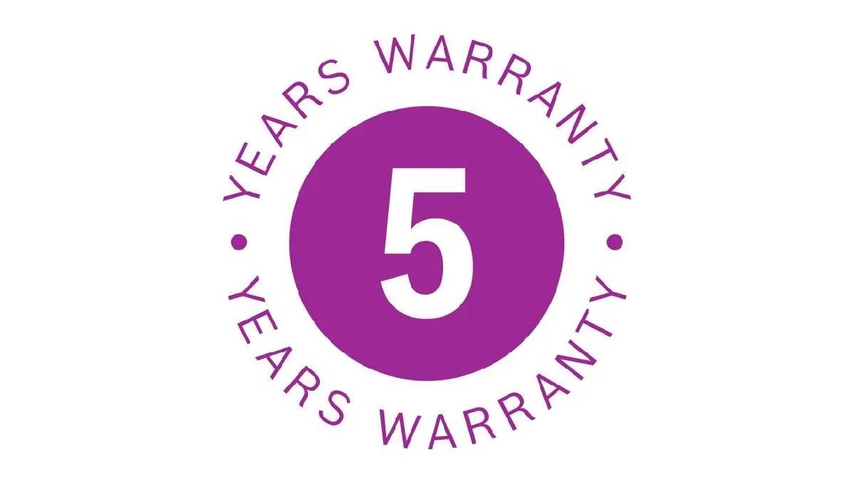 Purple circular badge with a large white "5" in the center and "YEARS WARRANTY" curved around the edge.