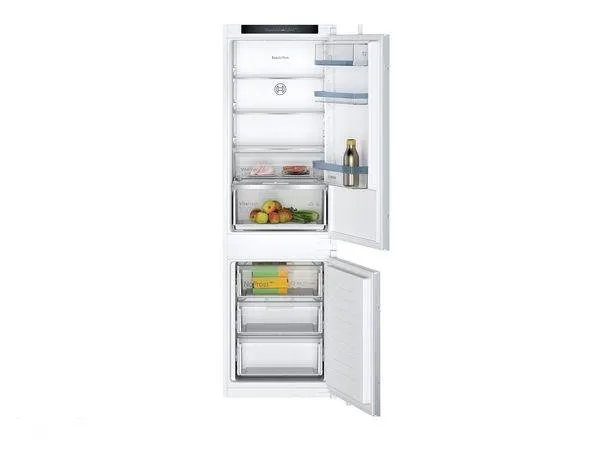 Refrigerator with open doors, displaying various food items and shelves.