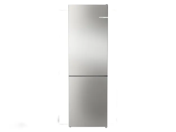 Stainless steel refrigerator with two doors, digital display, and modern design.
