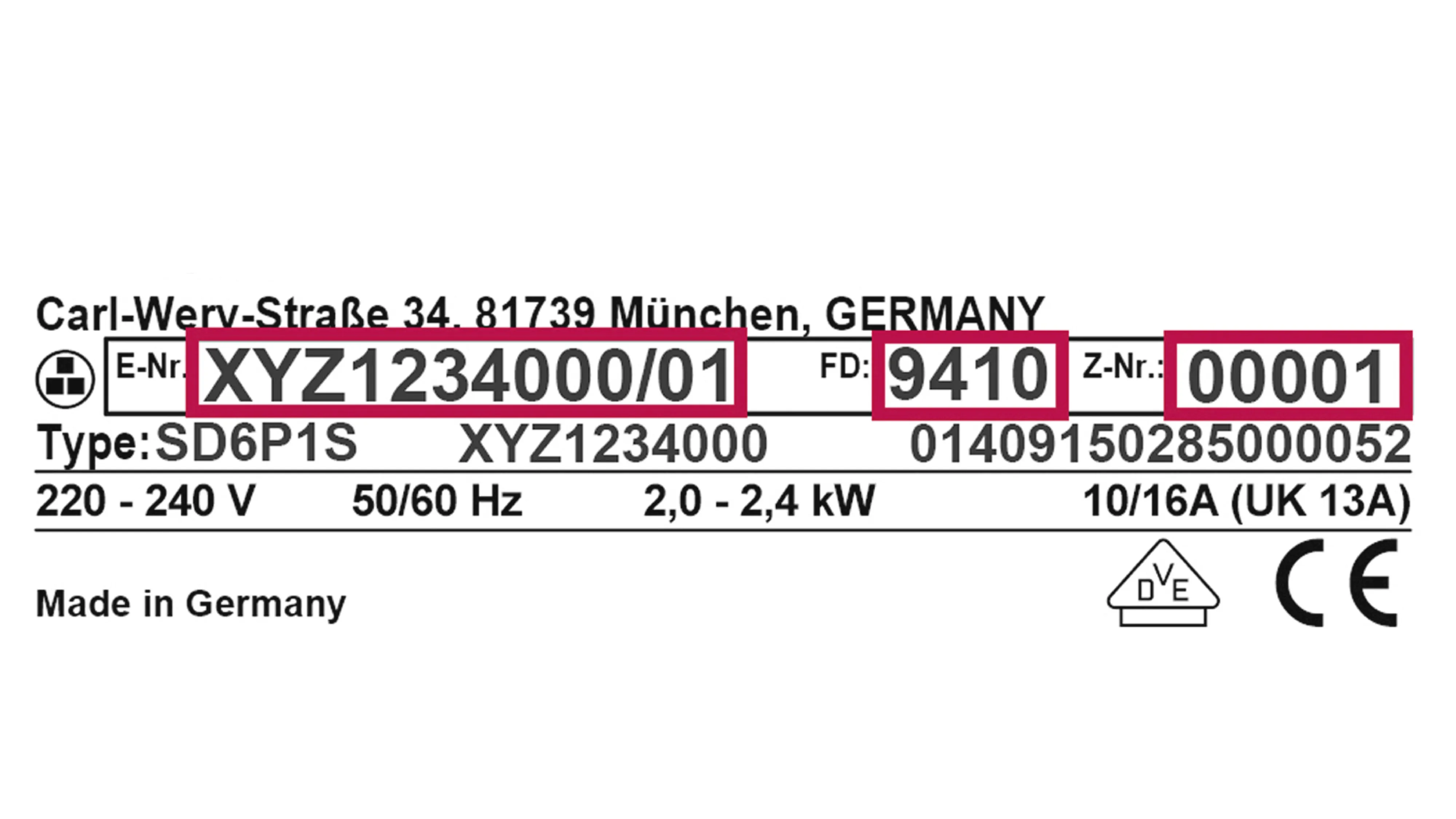 Etikett mit Modellinformationen und Seriennummern für ein Bosch-Gerät, einschließlich der Spezifikationen für E-Nr., FD- und Z-Nr.