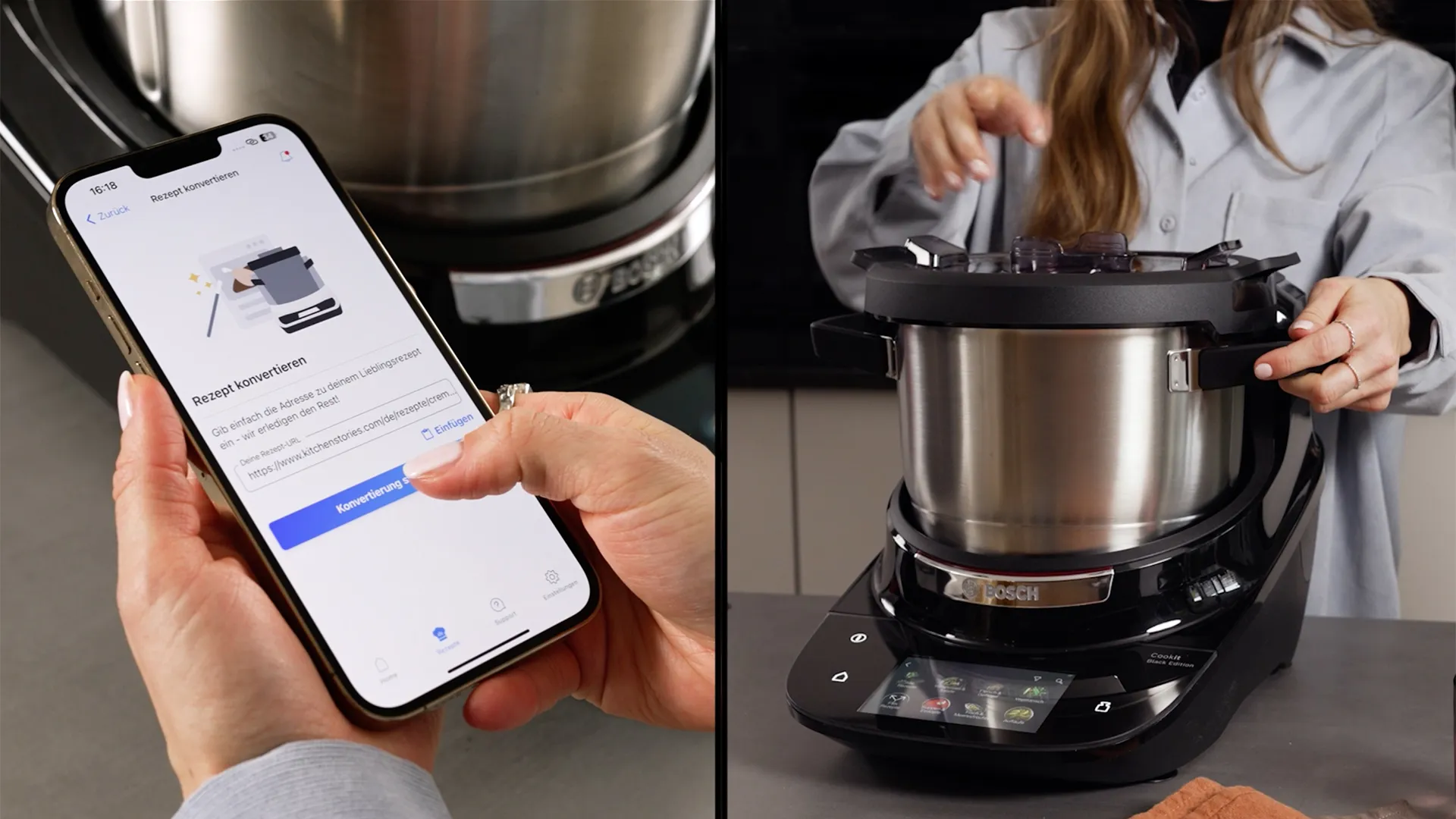 Eine Person bedient den Bosch Cookit: links per App auf dem Smartphone, rechts direkt am Gerät durch Aufsetzen des Deckels.