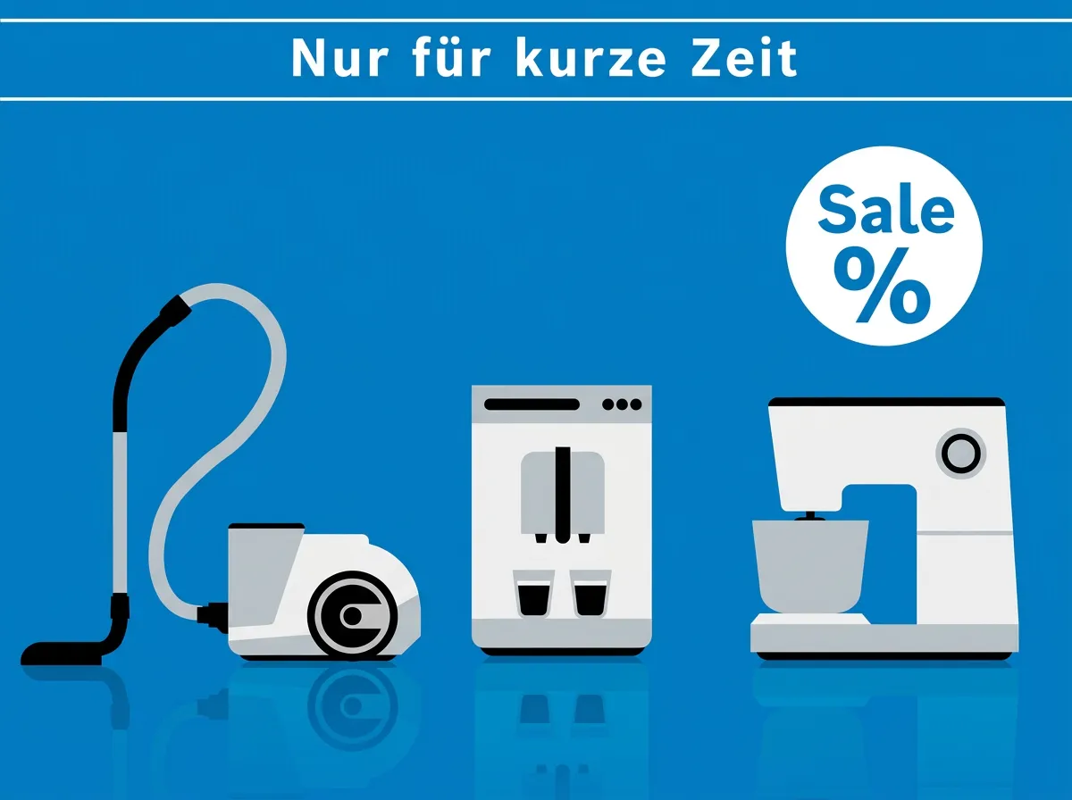 Piktogramme eines Staubsaugers, Kaffeemaschine und Küchenmaschine mit dem Hinweis Sale auf blauem Hintergrund.