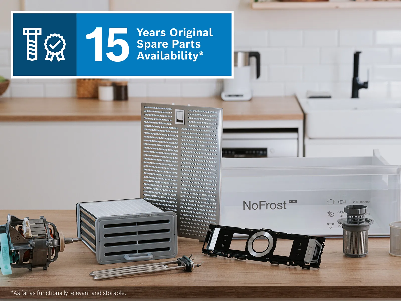 15 years spare part text with multiple spare parts sat on kitchen countertop