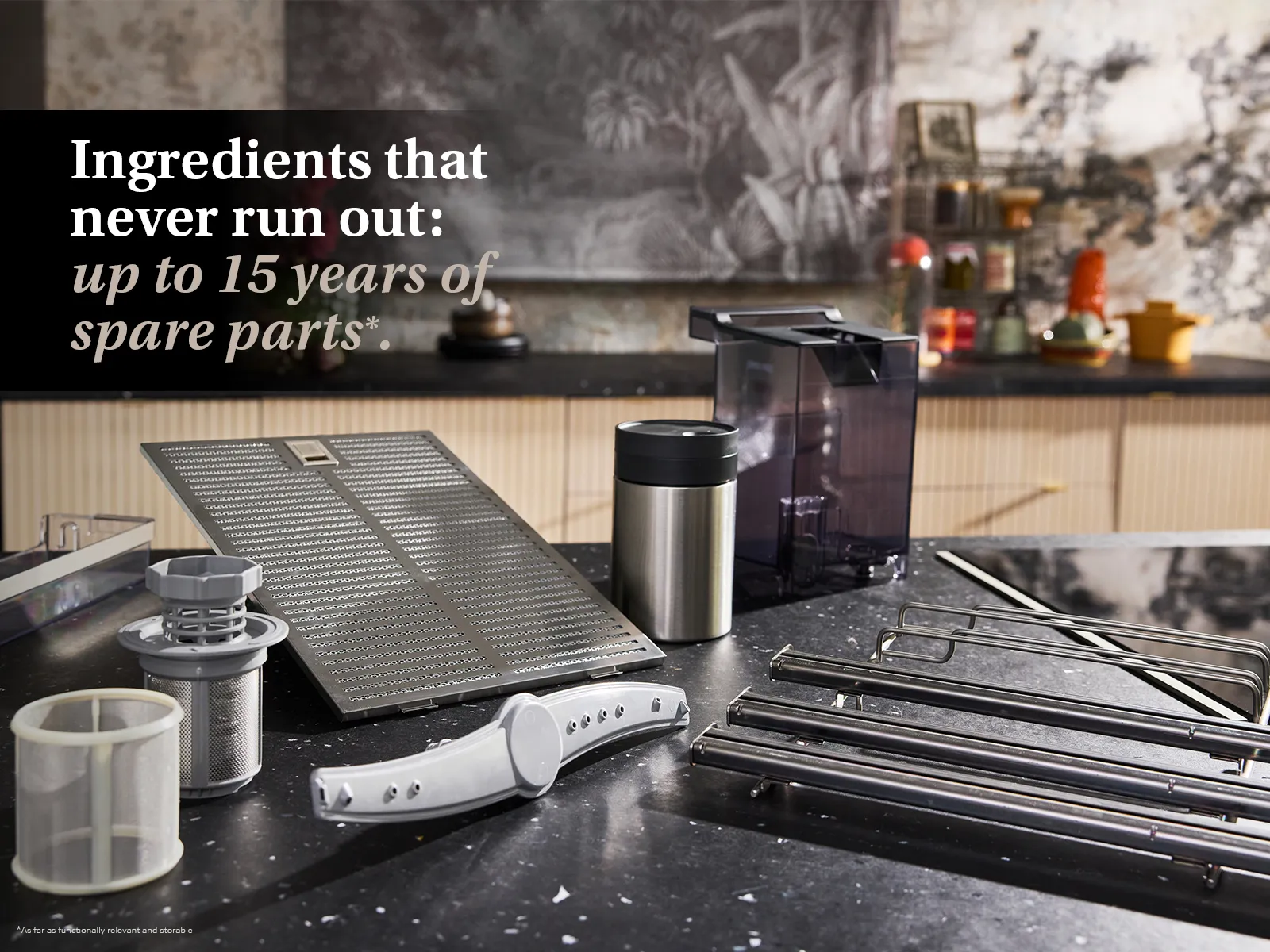 15 years spare part text with multiple spare parts sat on kitchen countertop