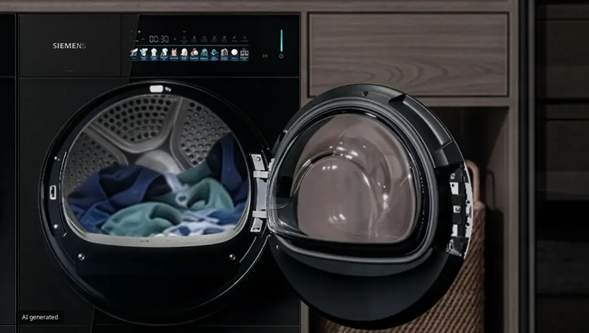 Open Siemens front-loading washing machine with blue clothing inside, next to neatly folded towels on wooden shelves.