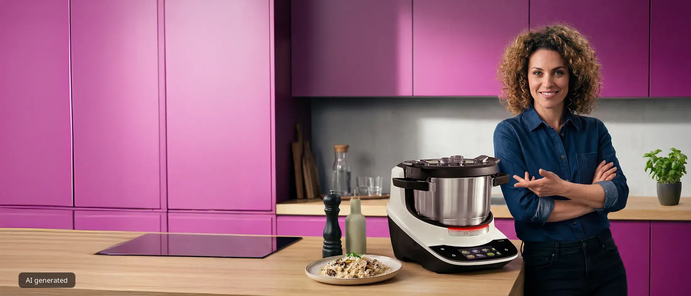 Werbebanner mit einer lächelnden Frau neben einem Küchenmixer, einem deutschen Text, der für vielfältige Rezepte wirbt, und einem Feld mit Produktinformationen.