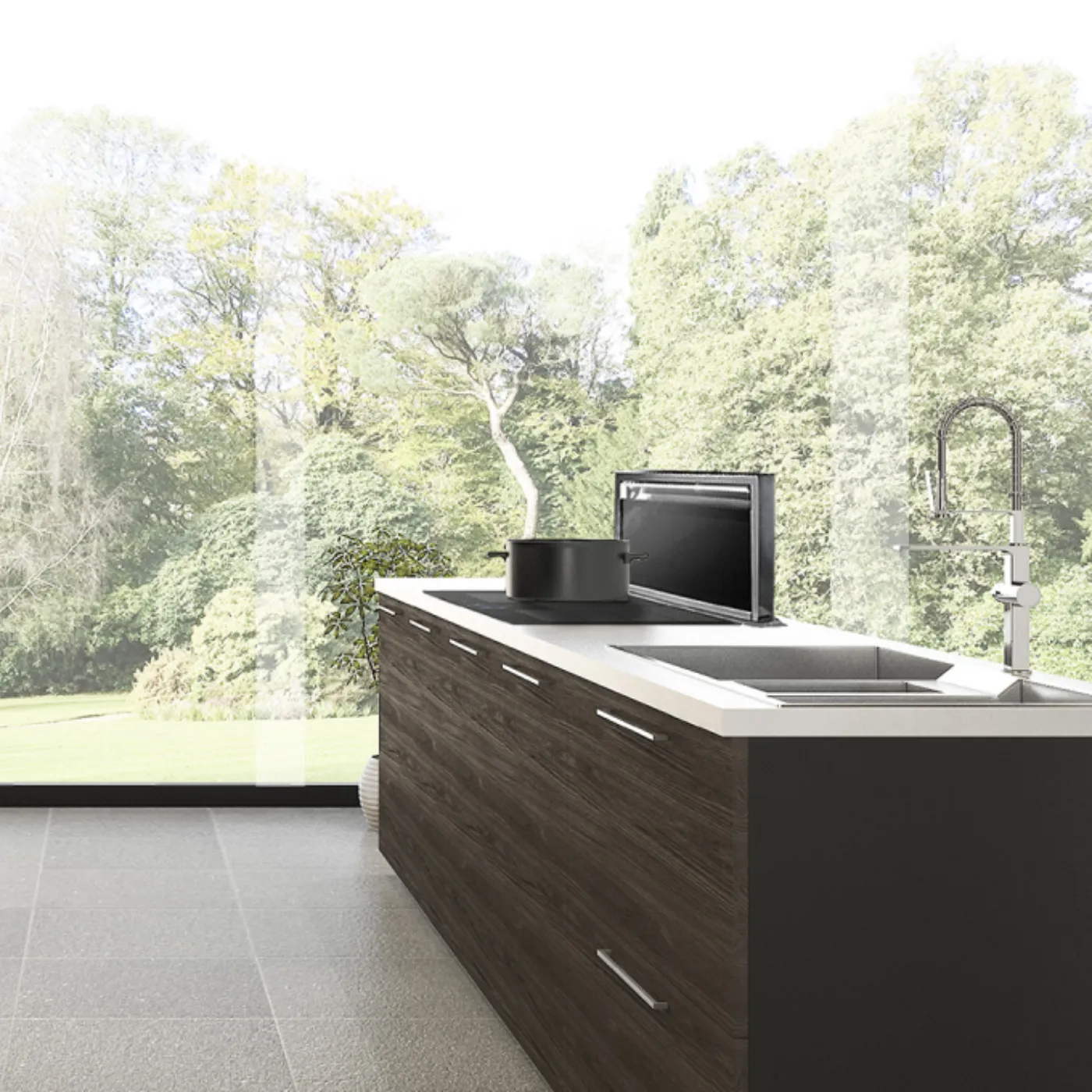 Cucina moderna con grande finestra, armadi in legno scuro e design minimalista.