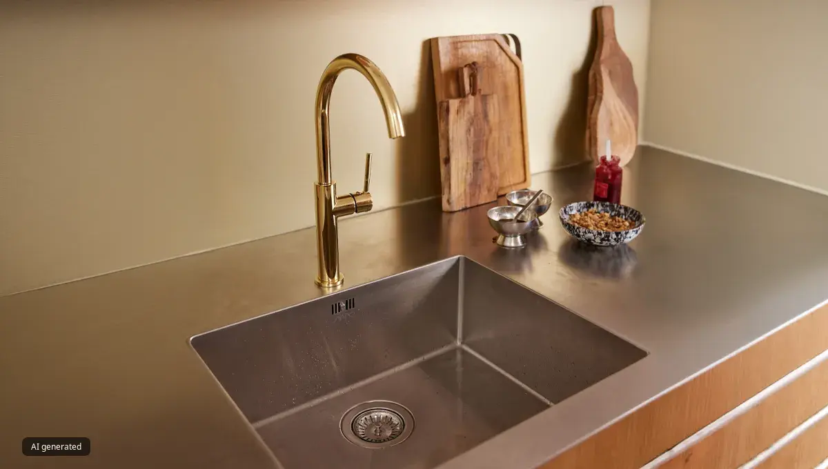 A close-up of a sleek, gold-colored gooseneck faucet mounted on a stainless steel countertop above an undermount sink.