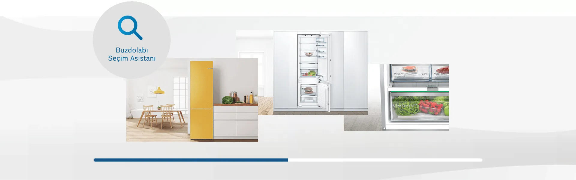 Modern mutfak buzdolabı, dolaplar ve yemek alanı ile iç.