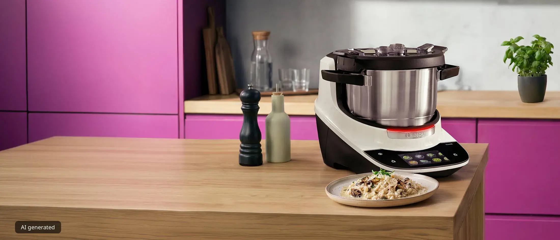 Der weiße Bosch Cookit steht auf einer Holz-Kücheninsel neben einem fertigen Pilzrisotto. Im Hintergrund eine lila Küche.