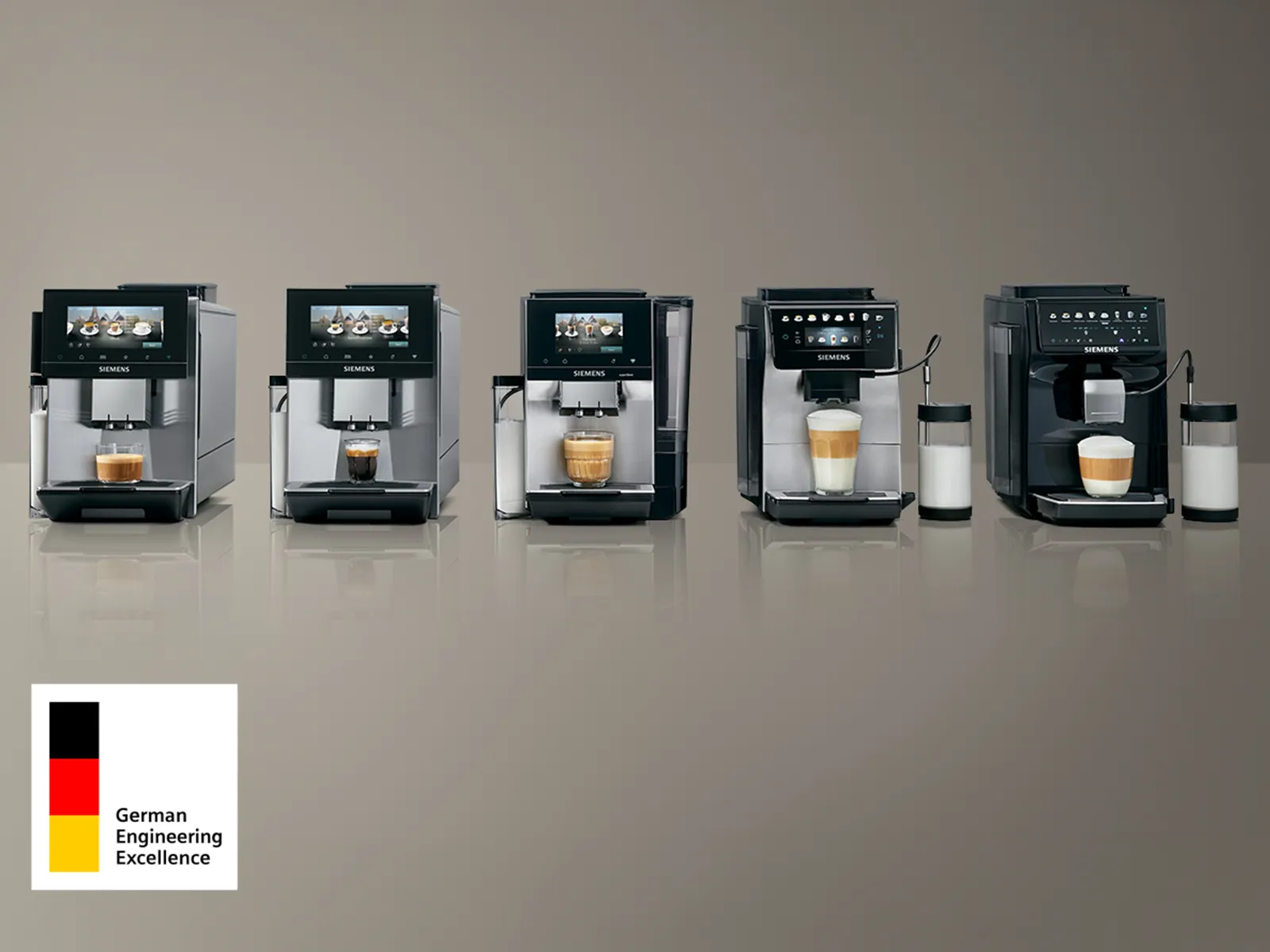 Five commercial coffee machines displayed in a row, with a German Engineering Excellence badge at lower left.