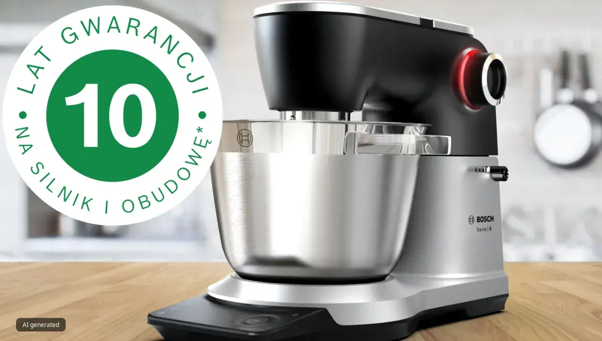Robot kuchenny Bosch Serie 8 na drewnianym blacie z zielonym znakiem 10-letniej gwarancji na silnik i obudowę.