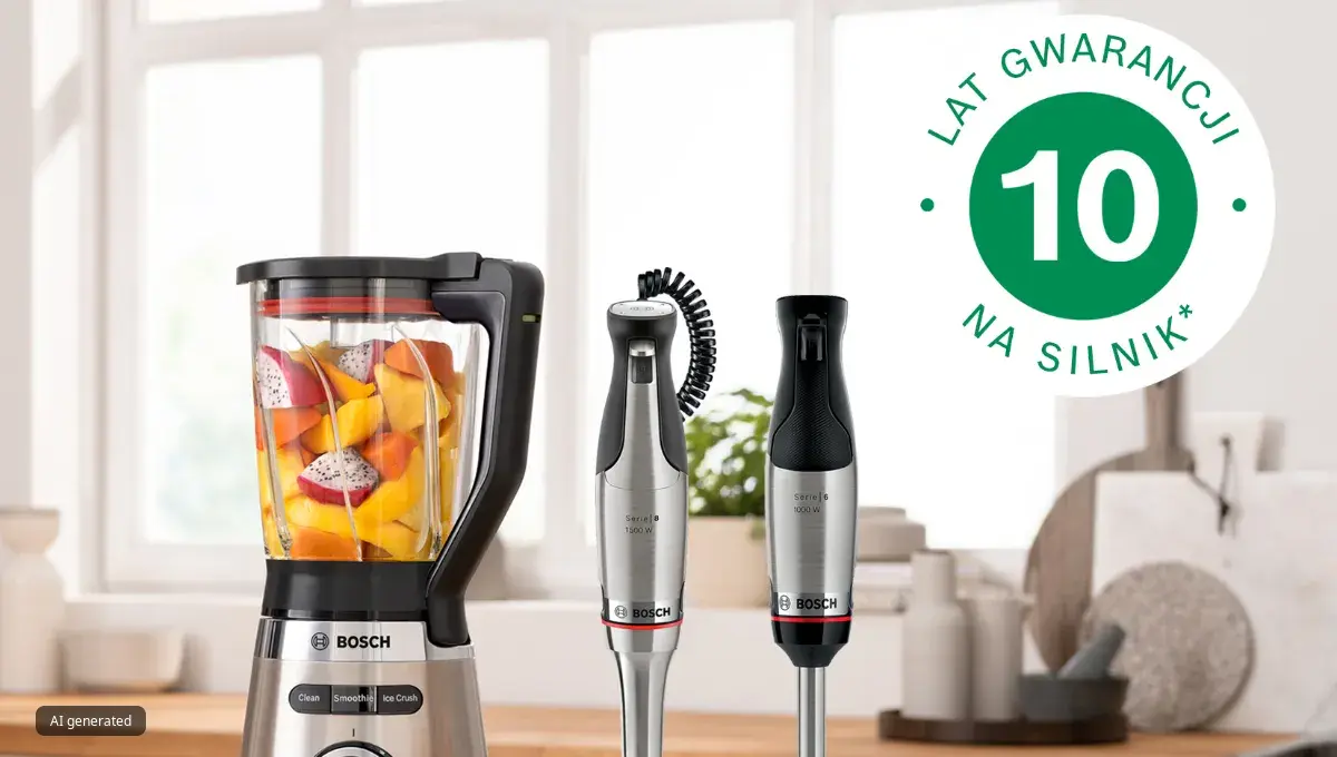 Blender VitaPower Series 4 i blender ręczny ErgoMaster Series 6 stojące na blacie, obok znaku 10-letniej dodatkowej gwarancji.