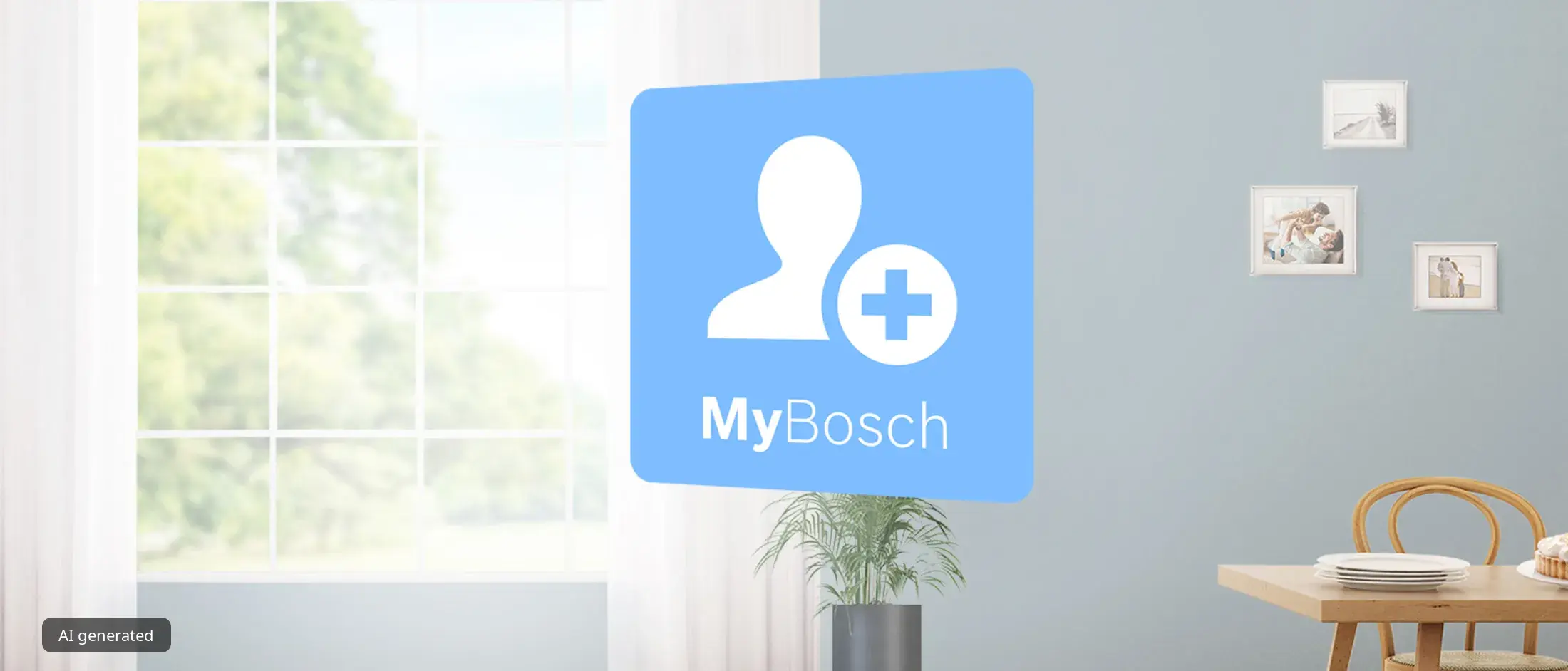 Jasny, nowoczesny salon z ikoną MyBosch na pierwszym planie reprezentującą MyBosch i jego korzyści.