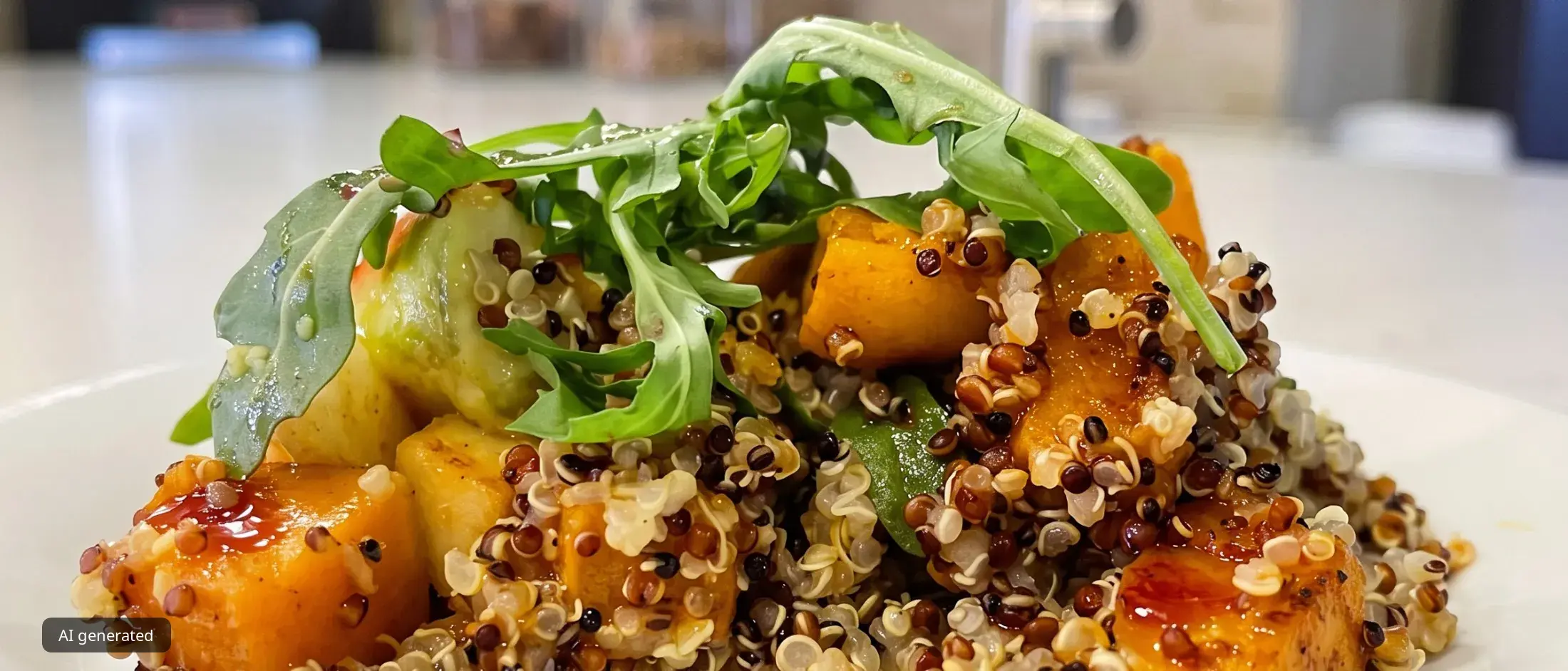 Roasted Squash Quinoa Salad with Avocados, Pomegranate Dressing