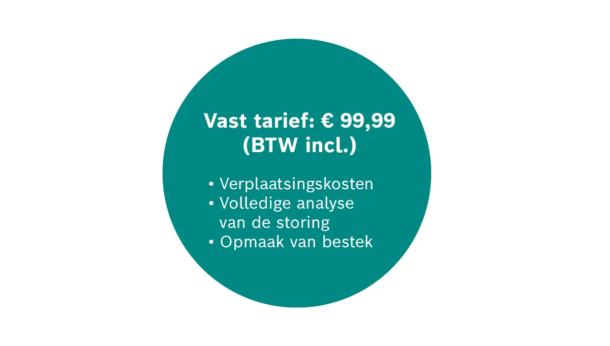 Vast tarief: € 99,99 (BTW incl.), Verplaatsingskosten, Volledige analyse van de opslag, Opmaak van bestek. 