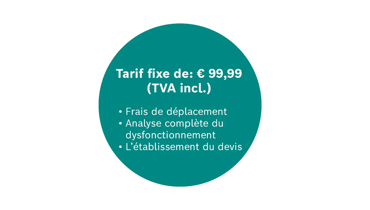 Informations tarifaires : 99,99 € TTC, incluant les frais de déplacement, l'analyse complète et le devis.