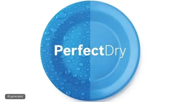 Blue circular plate with water droplets and "Perfect Dry" text.
