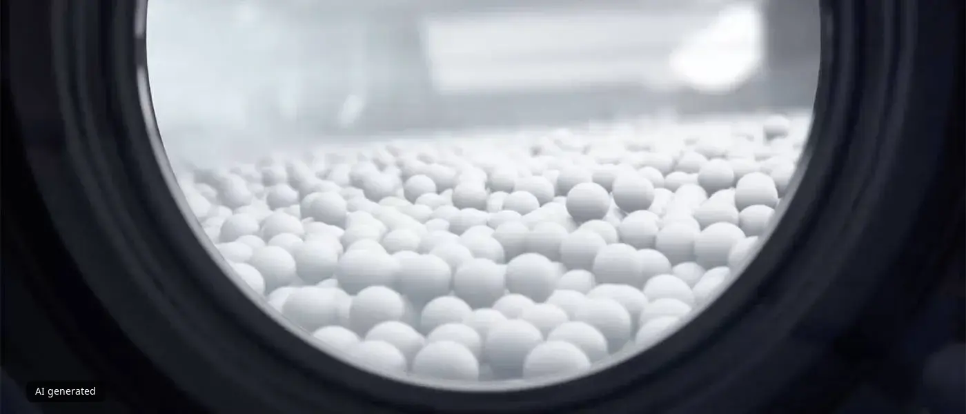 A close-up view of Zeolith mineral pellets inside a dishwasher, with text explaining that "Zeolith® transforms humidity into warm air without using extra energy."