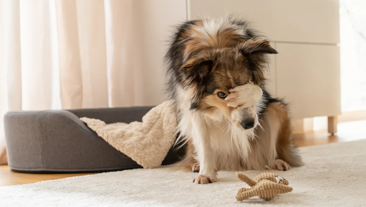 Un cane si copre gli occhi con una zampa, infastidito dal rumore dell'aspirapolvere in un salotto.