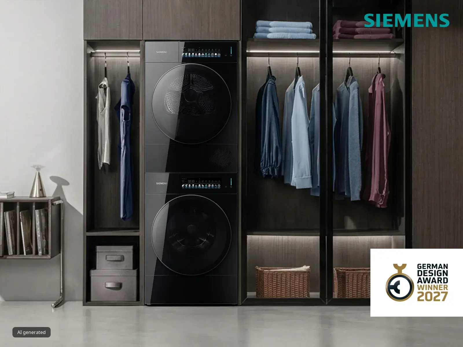 Siemens iconicEdition wasmachine en droger in hoogglans zwart