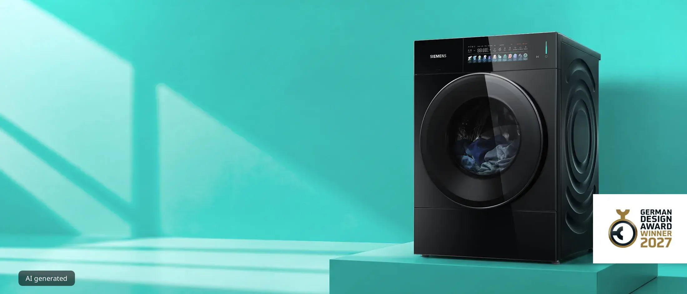 Zwarte Siemens iconicEdition voorladerwasmachine met zichtbare kleding erin, tentoongesteld op een sokkel tegen een turquoise achtergrond.