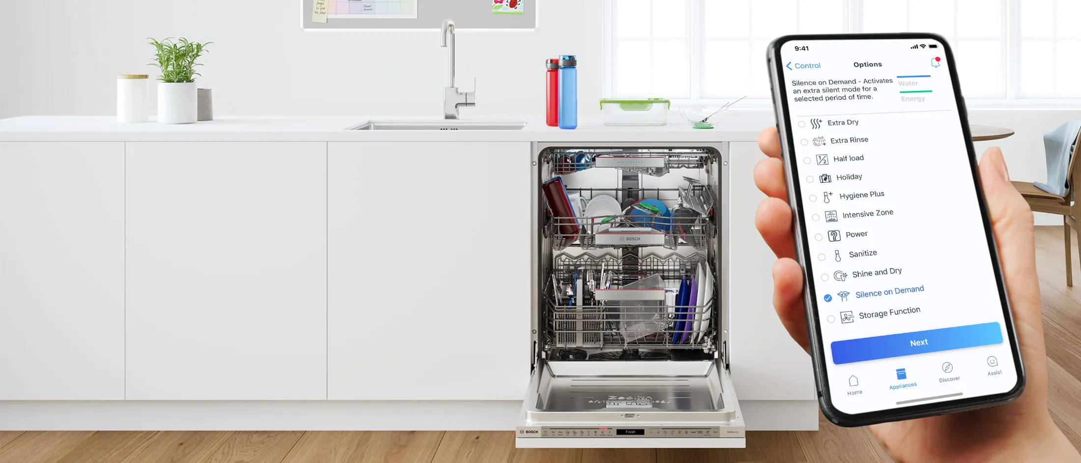App Home Connect su uno smartphone per controllare le opzioni di una lavastoviglie Bosch, con la funzione "Silence on Demand" selezionata.