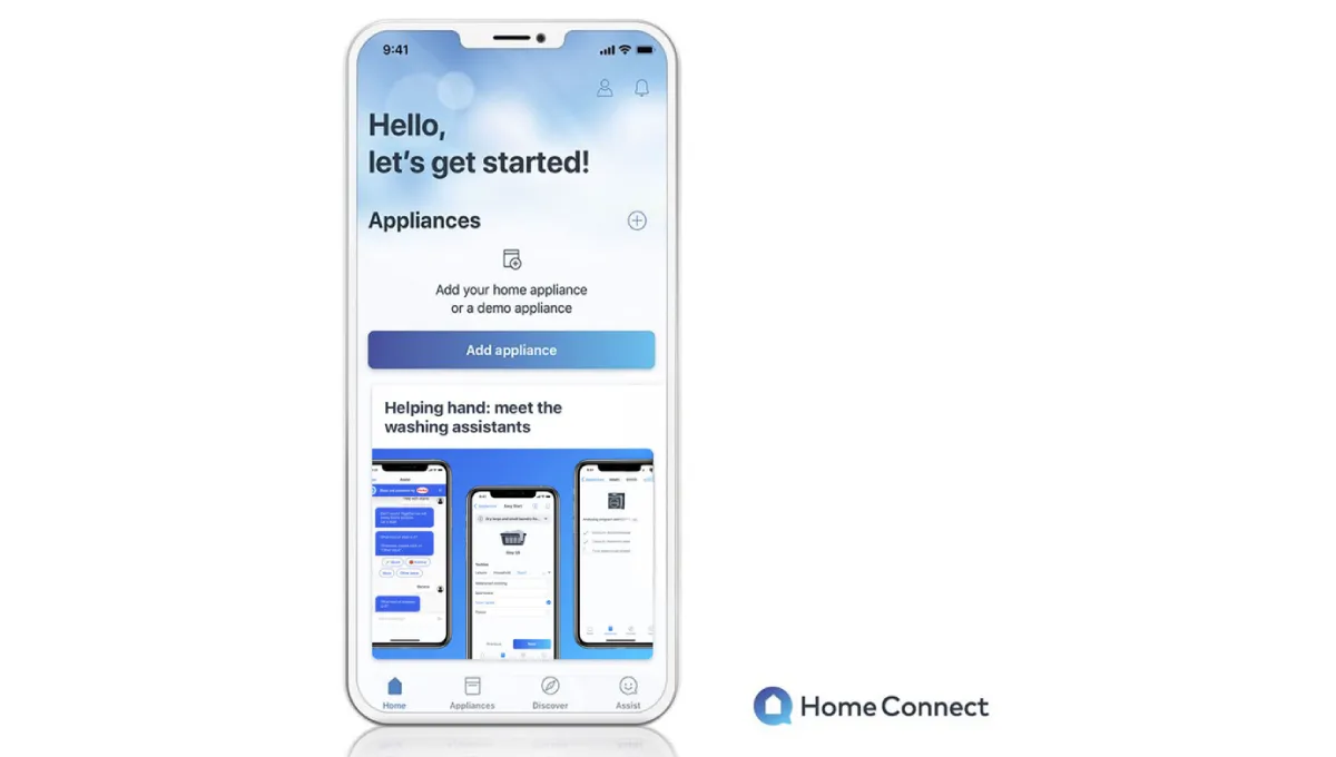 Schermata dell'app Home Connect su uno smartphone che mostra la pagina iniziale per l'aggiunta di nuovi elettrodomestici.