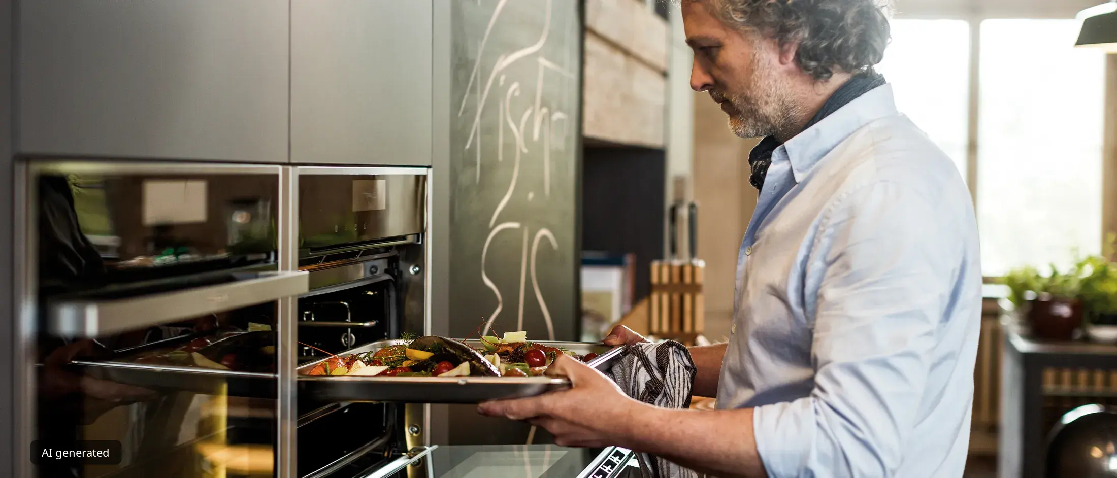 Un homme en chemise bleu clair glisse une plaque de cuisson remplie de légumes rôtis dans un four encastrable dans une cuisine moderne.