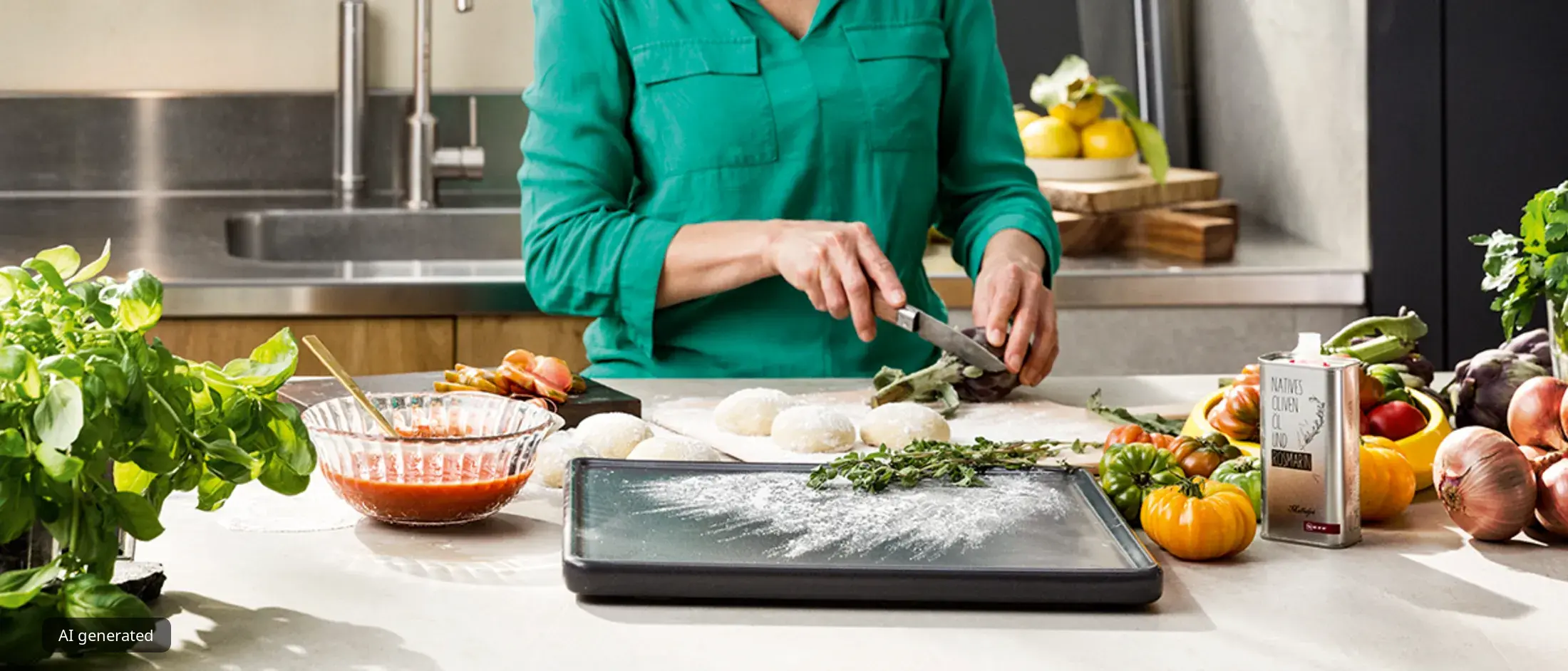 Une femme en chemise verte prépare un repas sur un comptoir de cuisine, hachant des herbes fraîches, entourée de pâte à pizza, de sauce tomate et de divers légumes frais.
