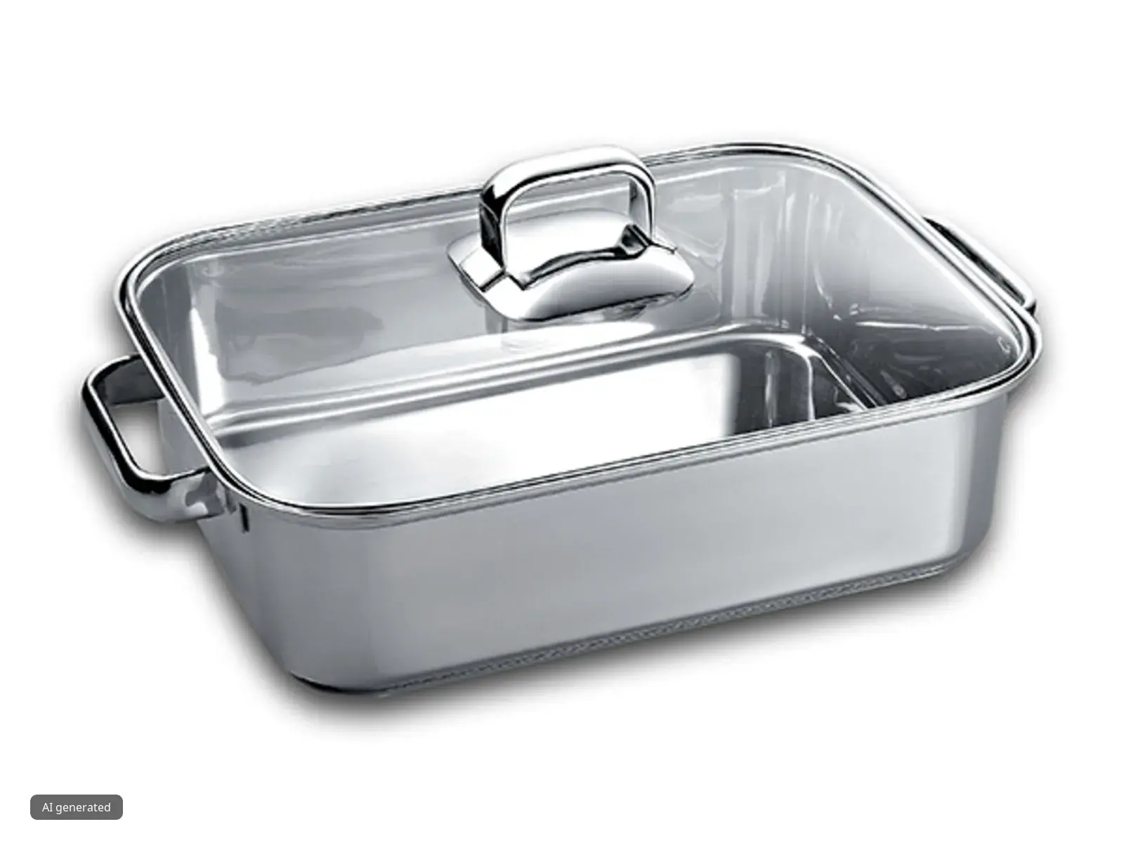 Plat de cuisson rectangulaire en acier inoxydable avec couvercle en verre et poignée en métal.