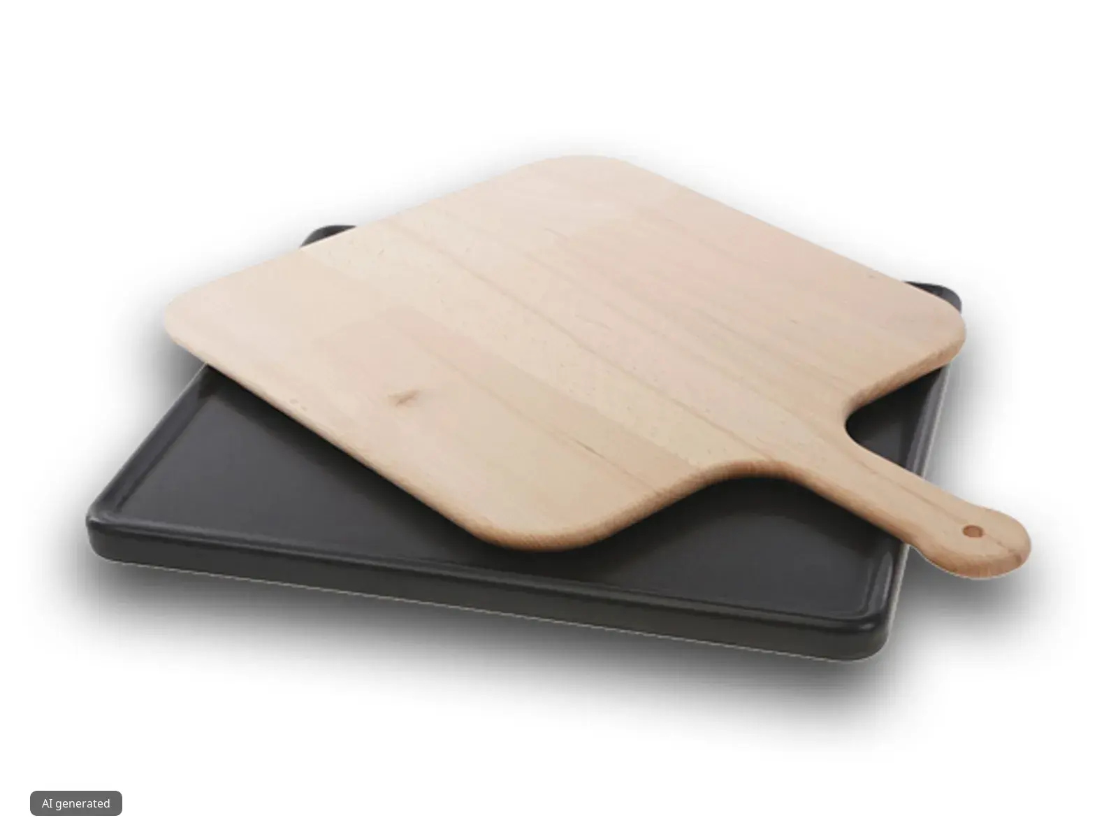 Panneau de coupe en bois et plateau noir sur fond blanc.
