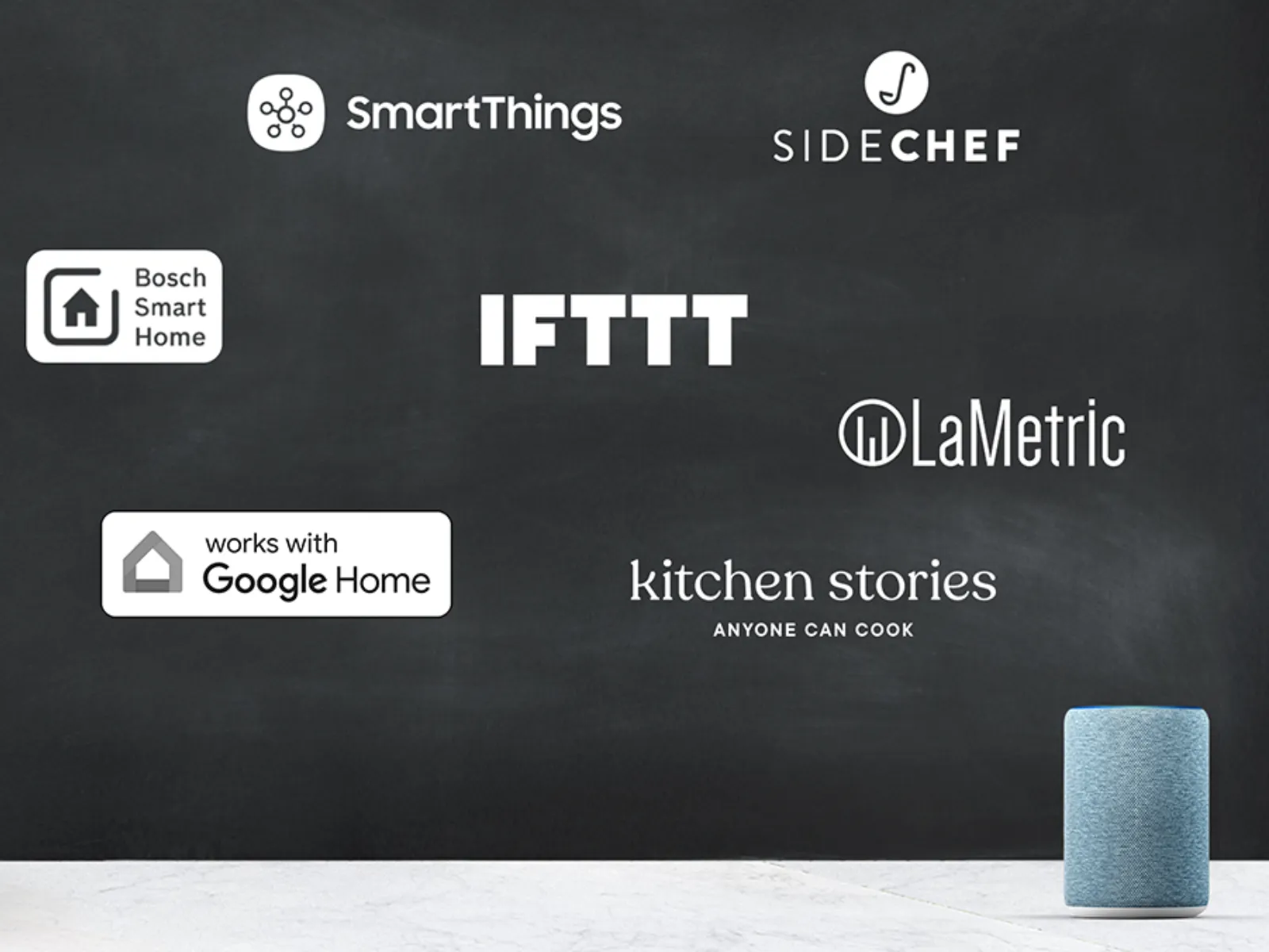 Loghi dei partner compatibili con l'ecosistema Bosch Home Connect, tra cui Alexa, Google Home, SmartThings e IFTTT.