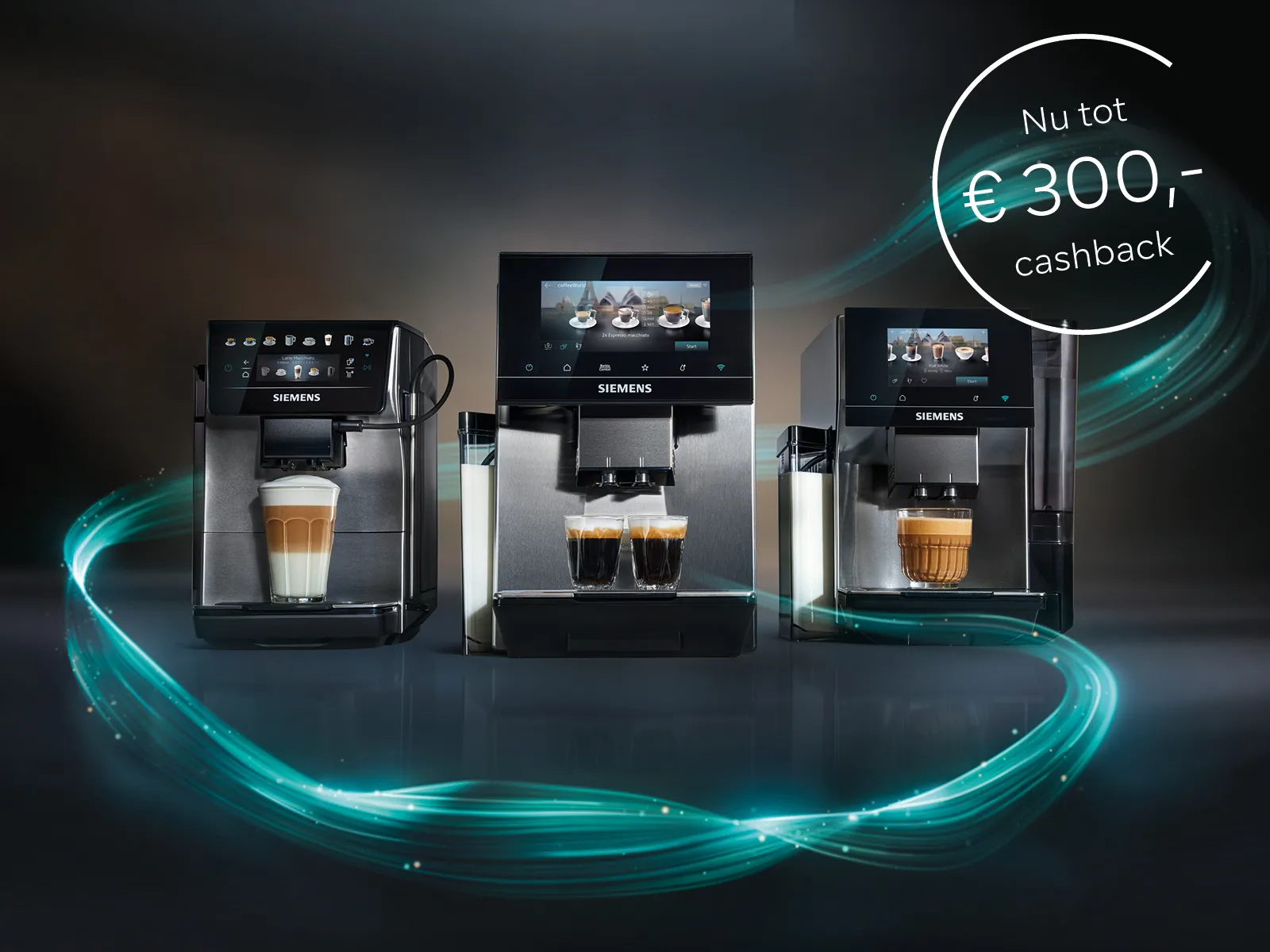 Drie Siemens volautomatische koffiemachines met bereide koffiespecialiteiten, met promotiebanner tot € 300,- cashback.