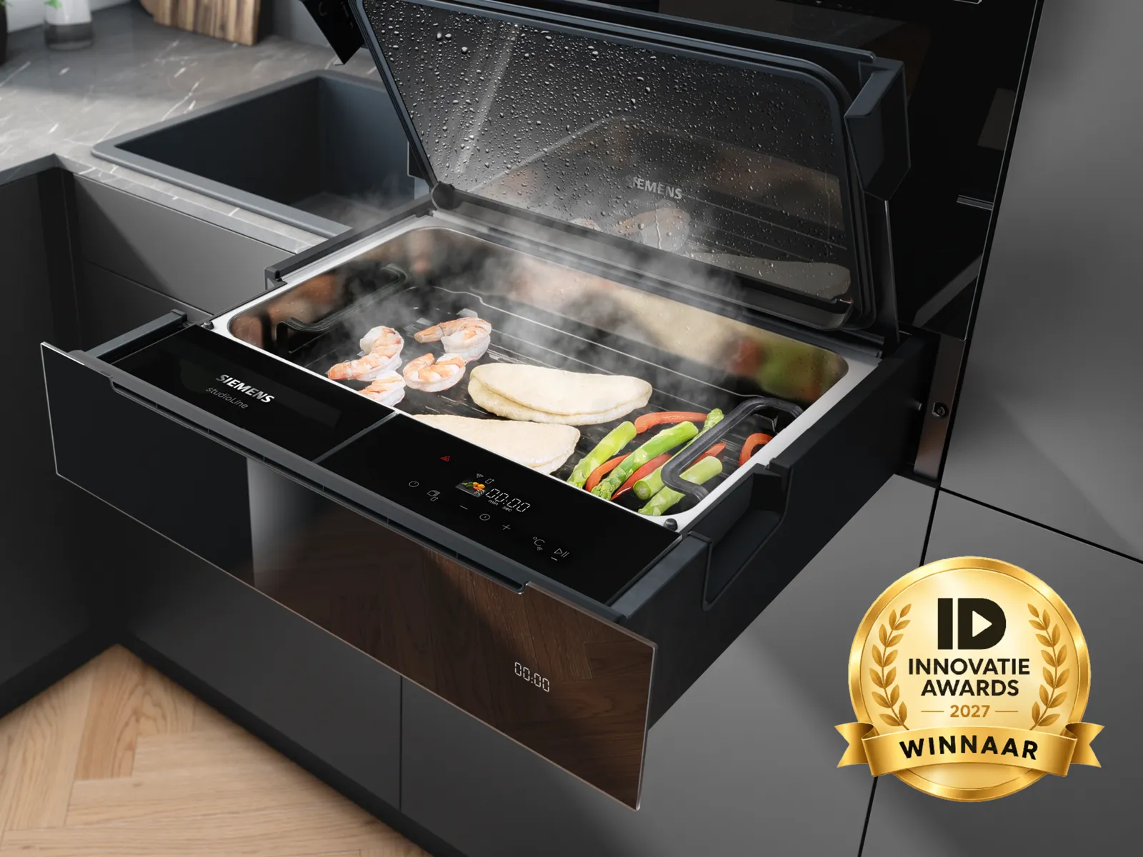 Siemens stoomoven met een open deur, die garnalen, groenten en brood kookt in een moderne keuken.