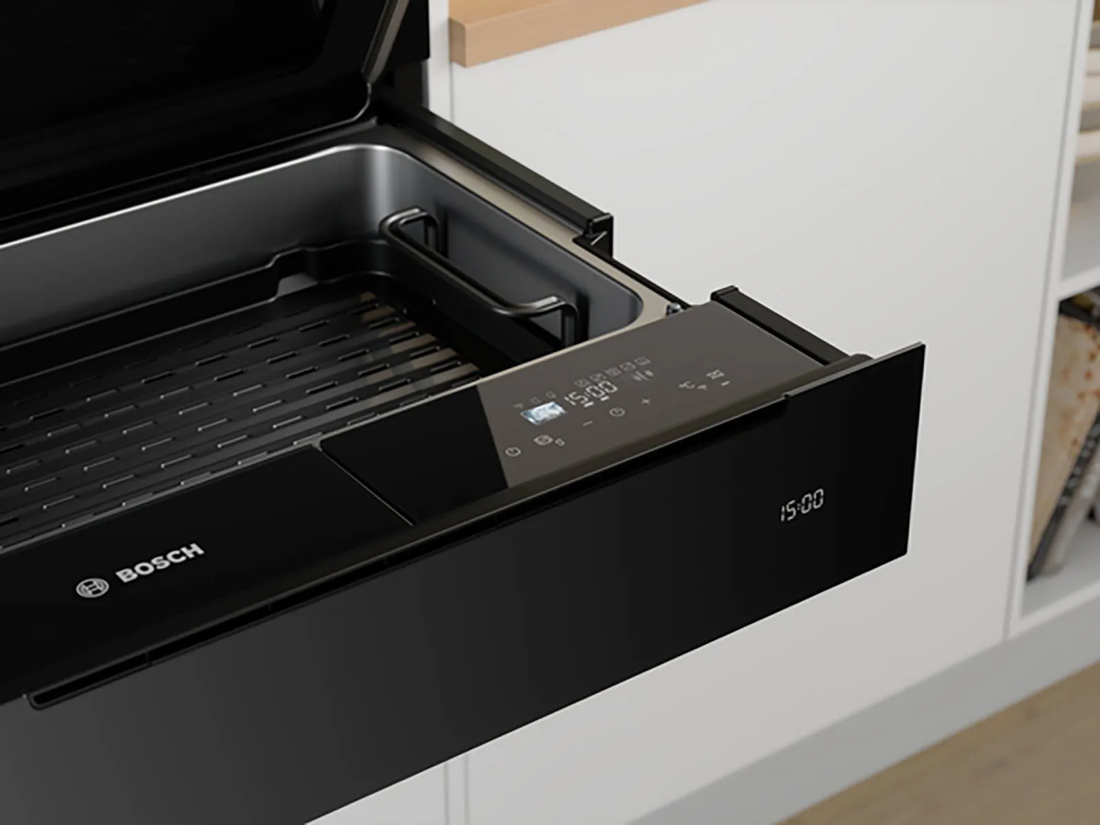 A Bosch steam oven with a glass lid, displaying six round dough balls on a rack inside.
