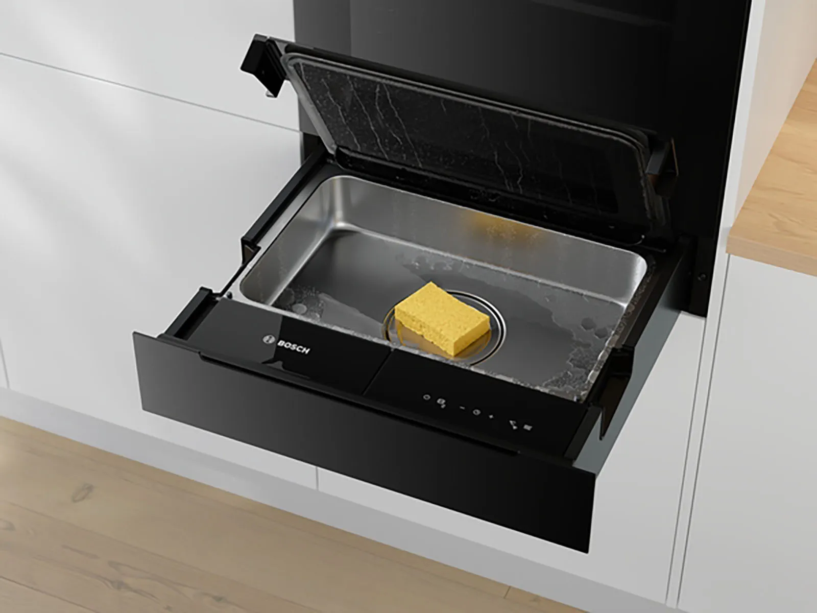 An open Bosch warming drawer containing a variety of frozen berries on a tray, built into a kitchen cabinet.