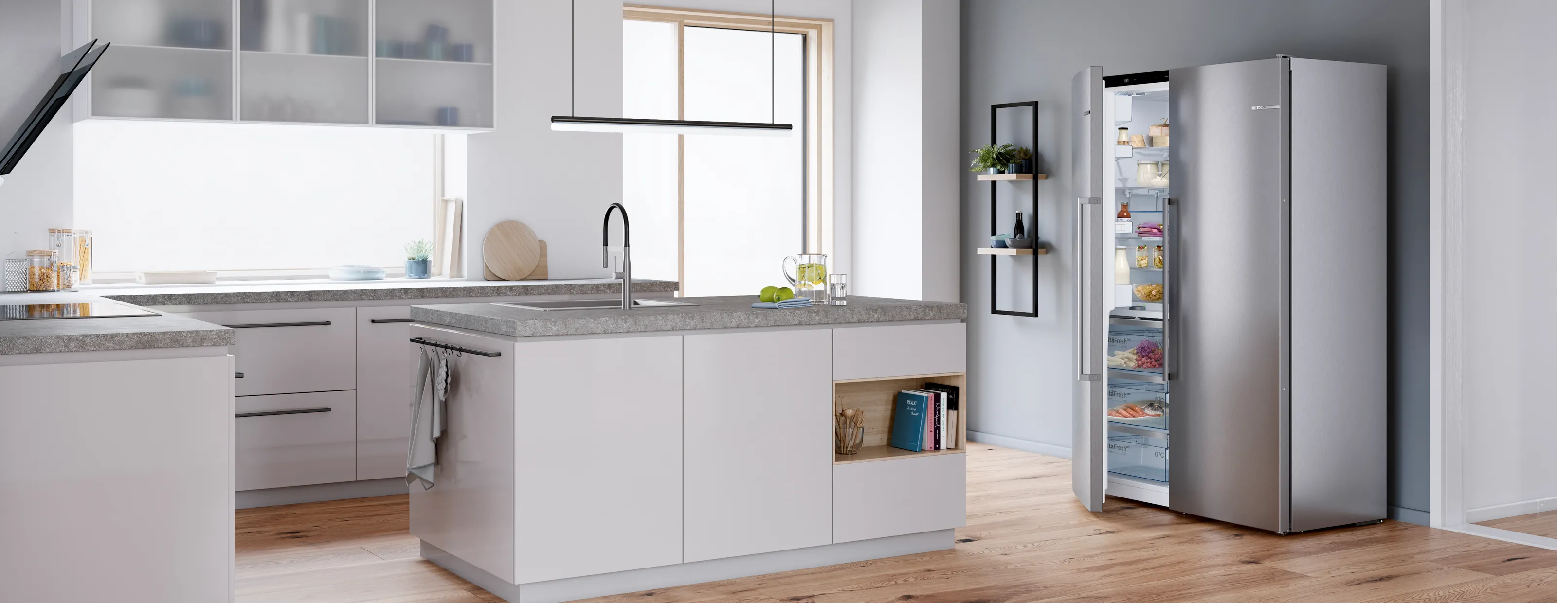 Modern kitchen with a stainless steel side-by-side refrigerator and open door displaying organized food storage.