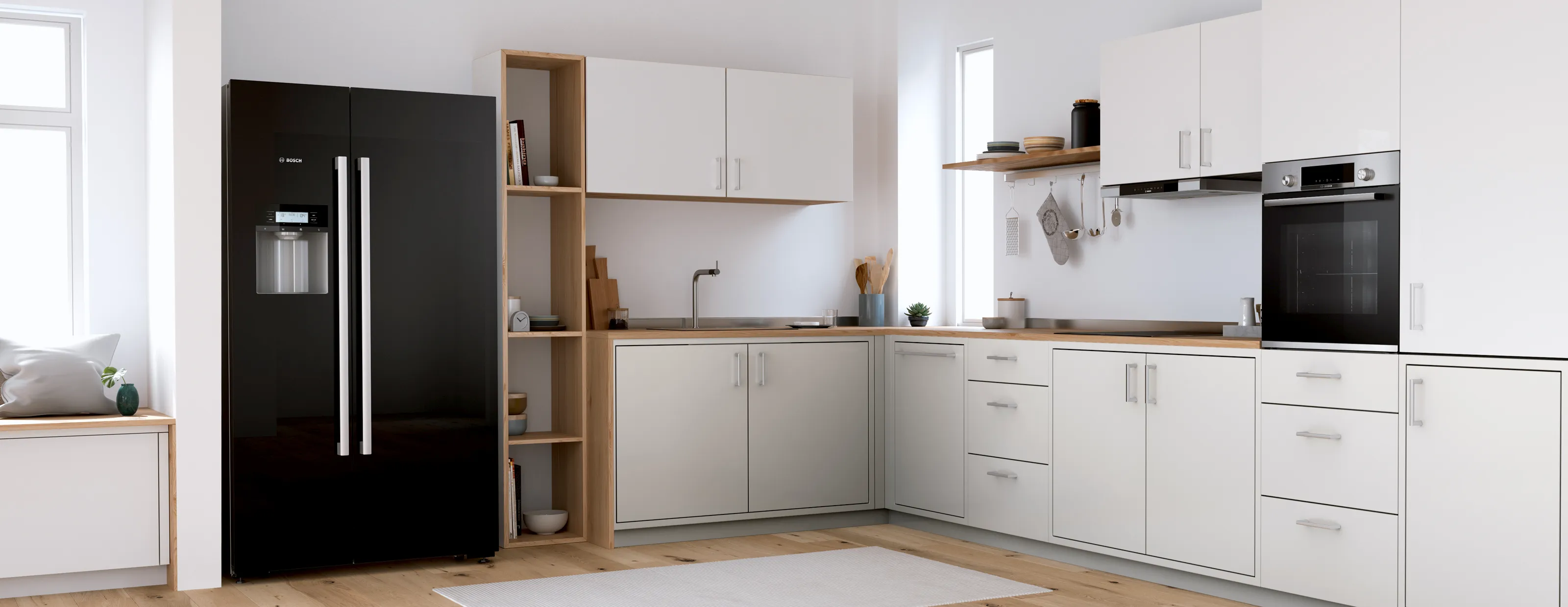 Open freestanding freezer in a bright, modern kitchen.