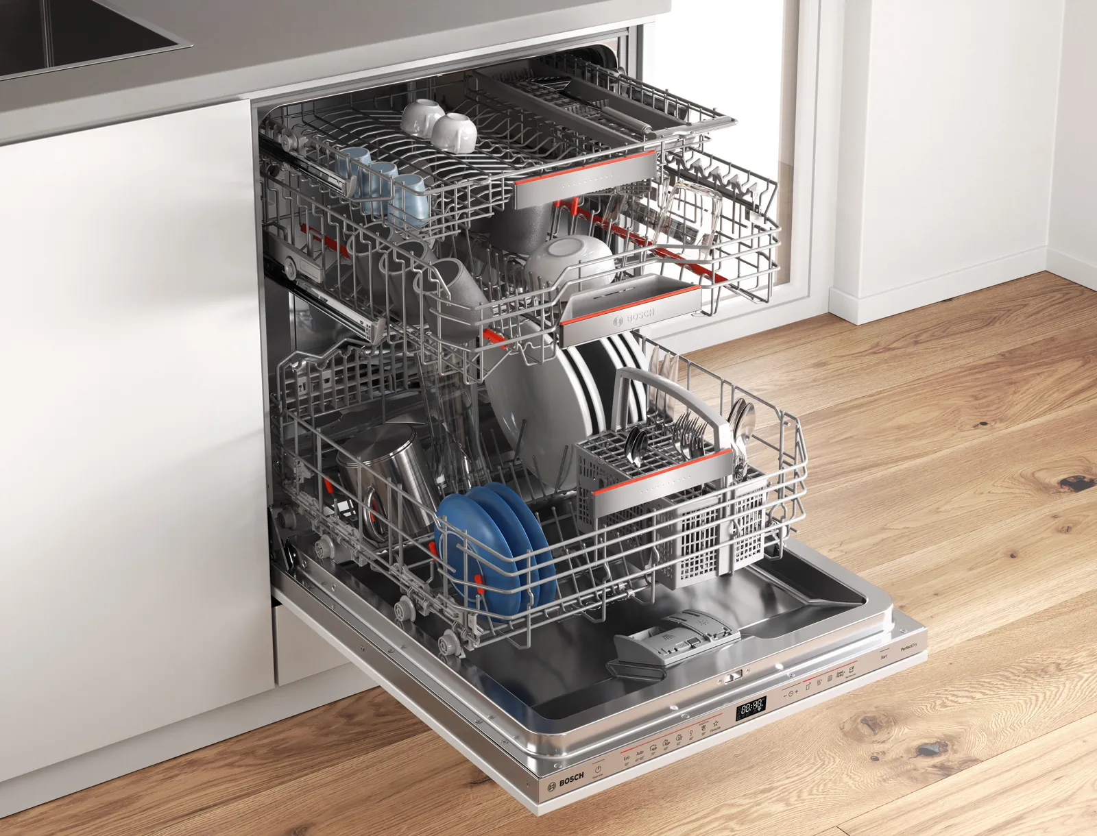 A modern kitchen corner featuring a Bosch dishwasher, minimalist sink, and a cookbook.
