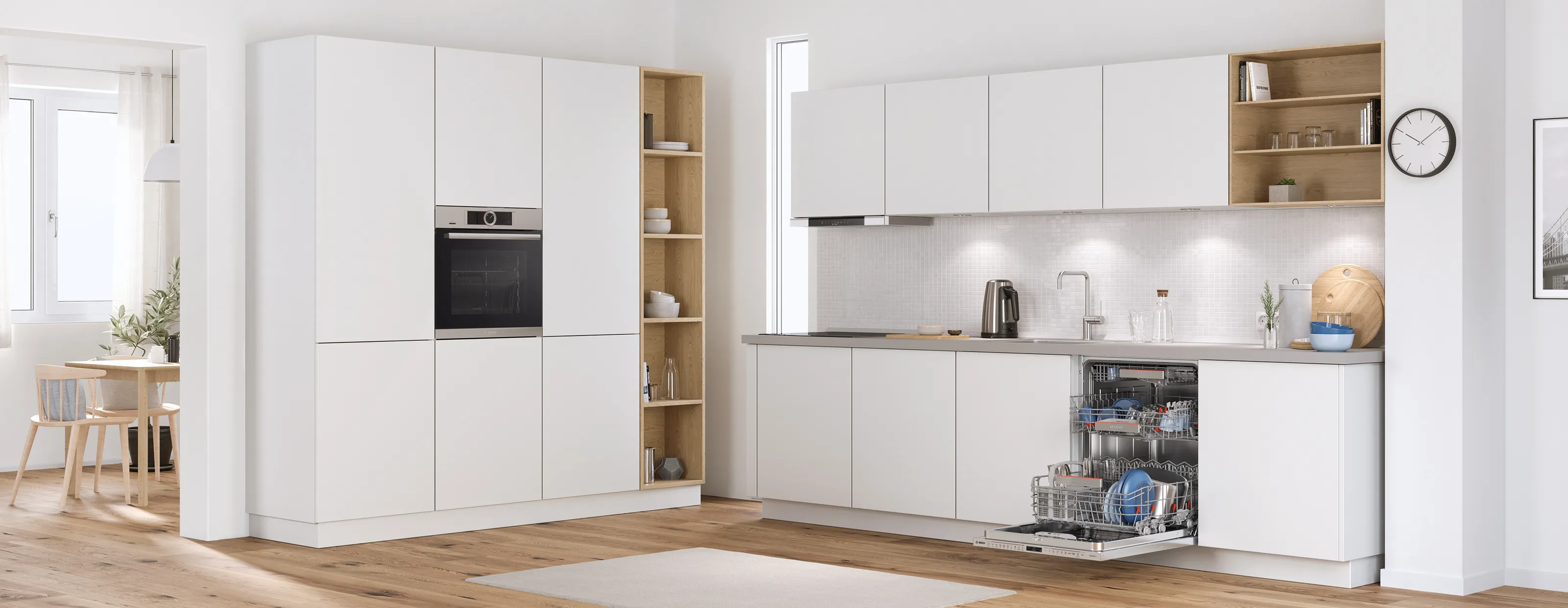 Bucătărie modernă, minimalist cu dulapuri albe, accente din lemn, și aparate.