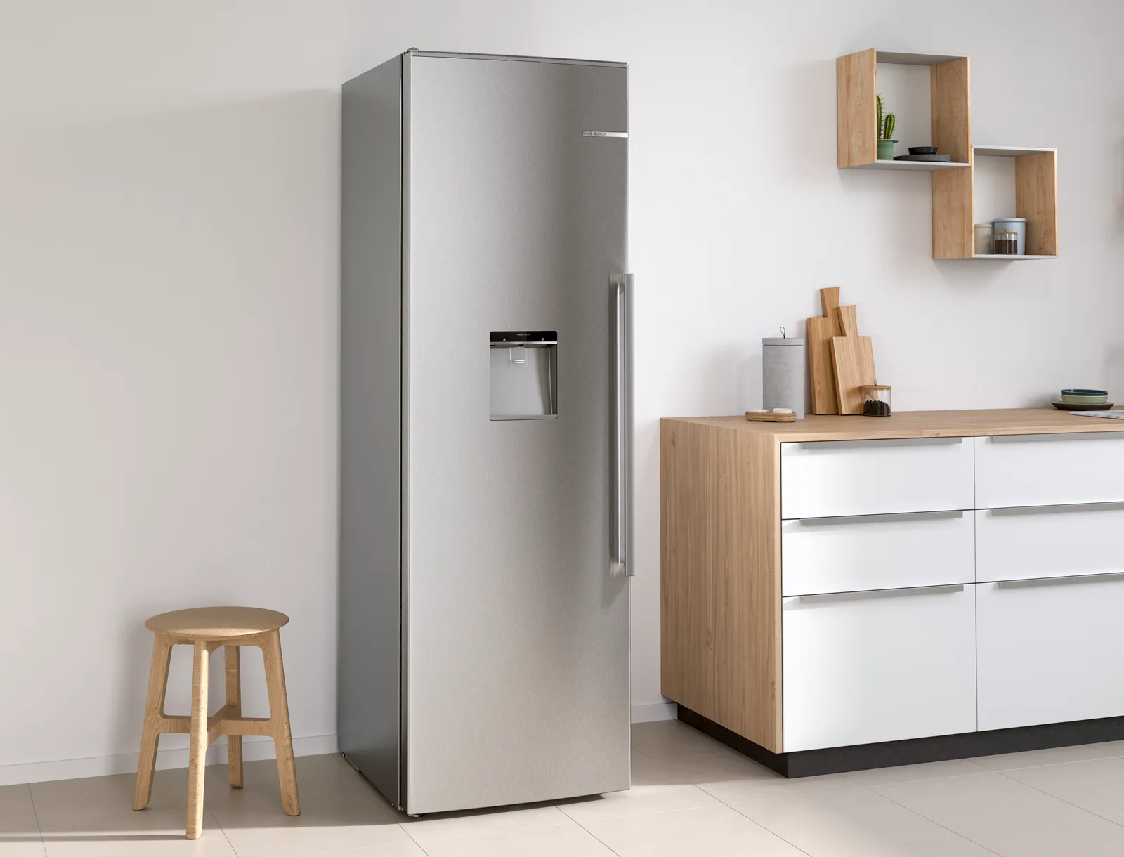 Modern kitchen with stainless steel refrigerator, wooden shelves, and white cabinets.