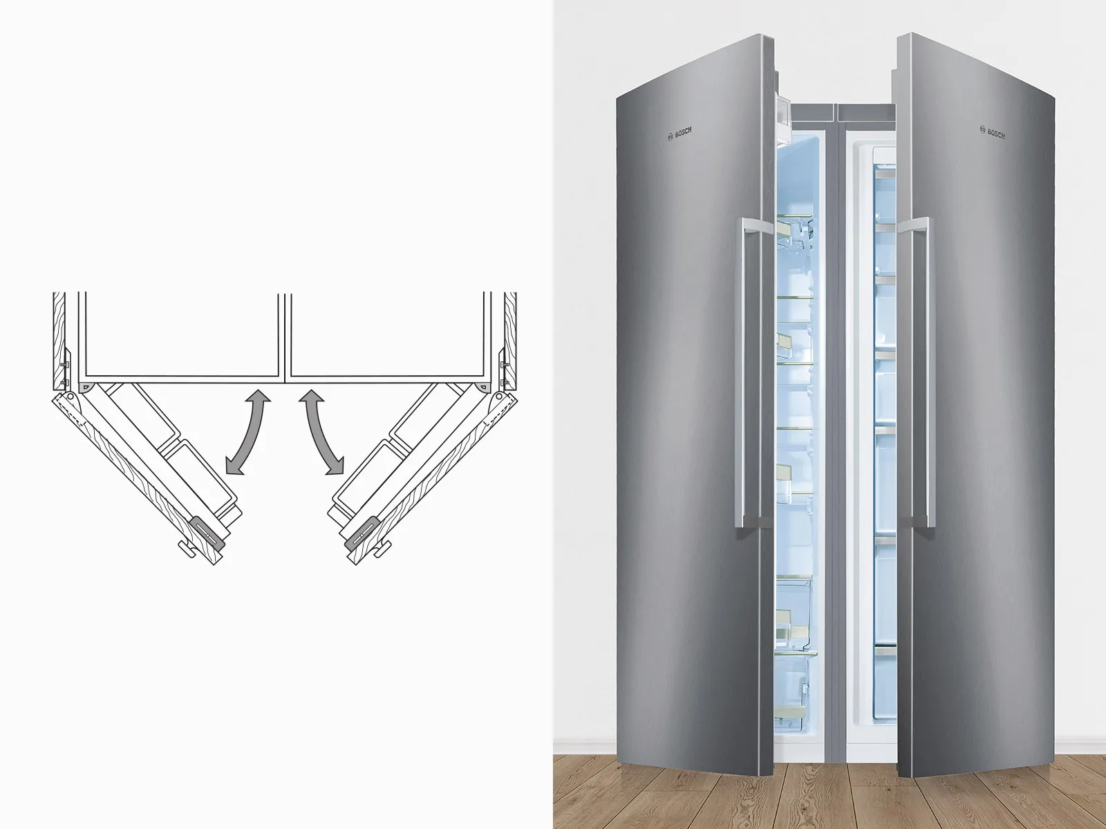 Refrigerator with dual-door design and airflow diagram, showcasing its efficient cooling system.
