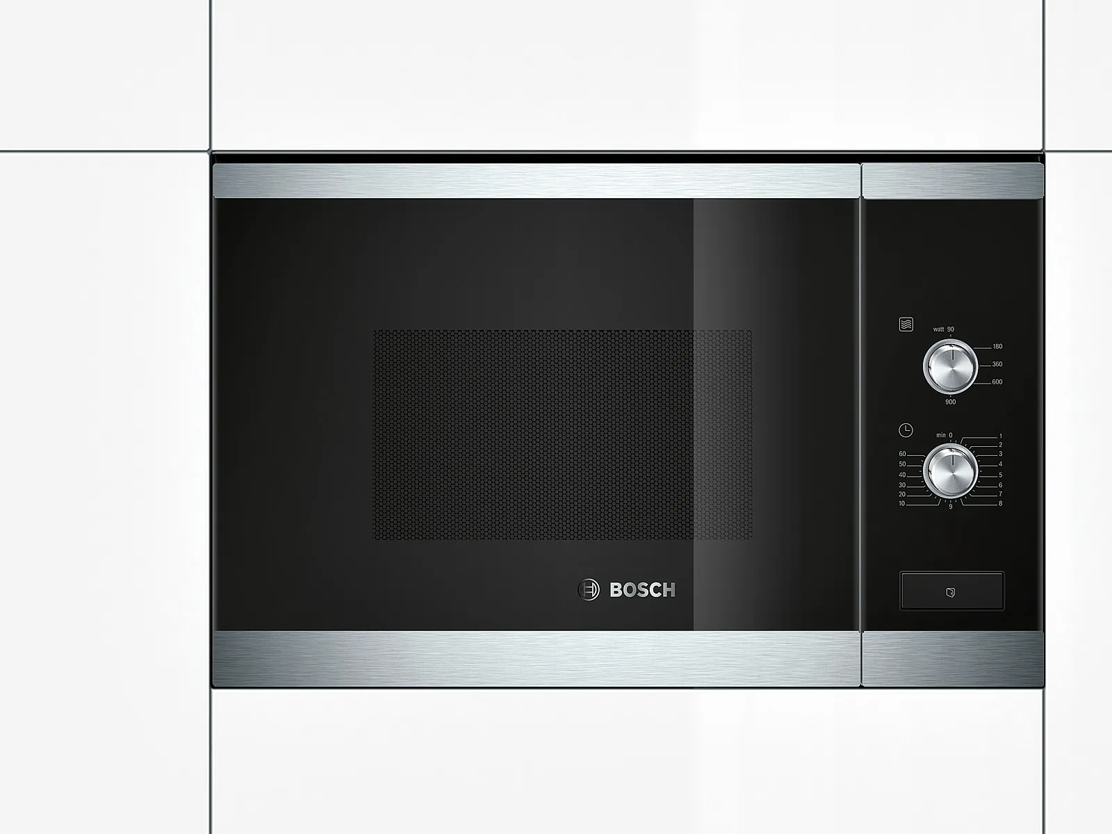 Stainless steel Bosch microwave oven with control knobs and black front panel.